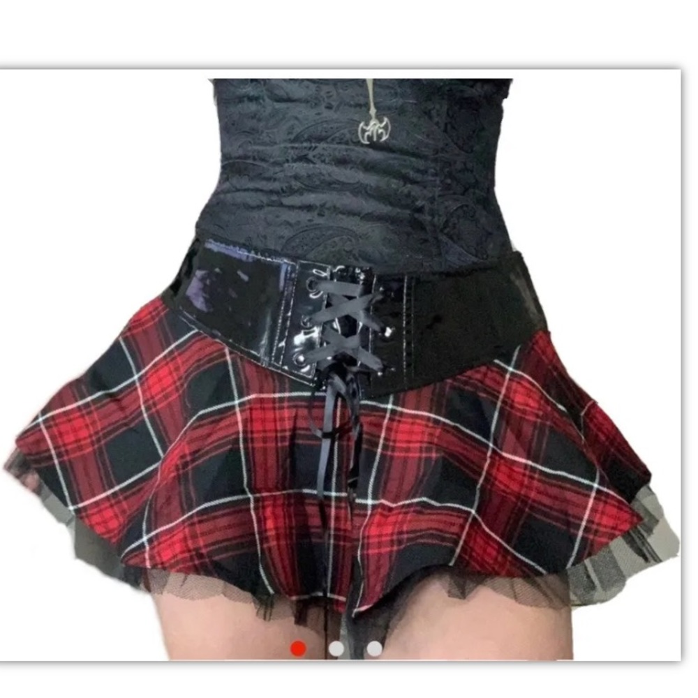 Lip Service Plaid Skirt tulle underlay & black vinyl waistband w/ lace up detail